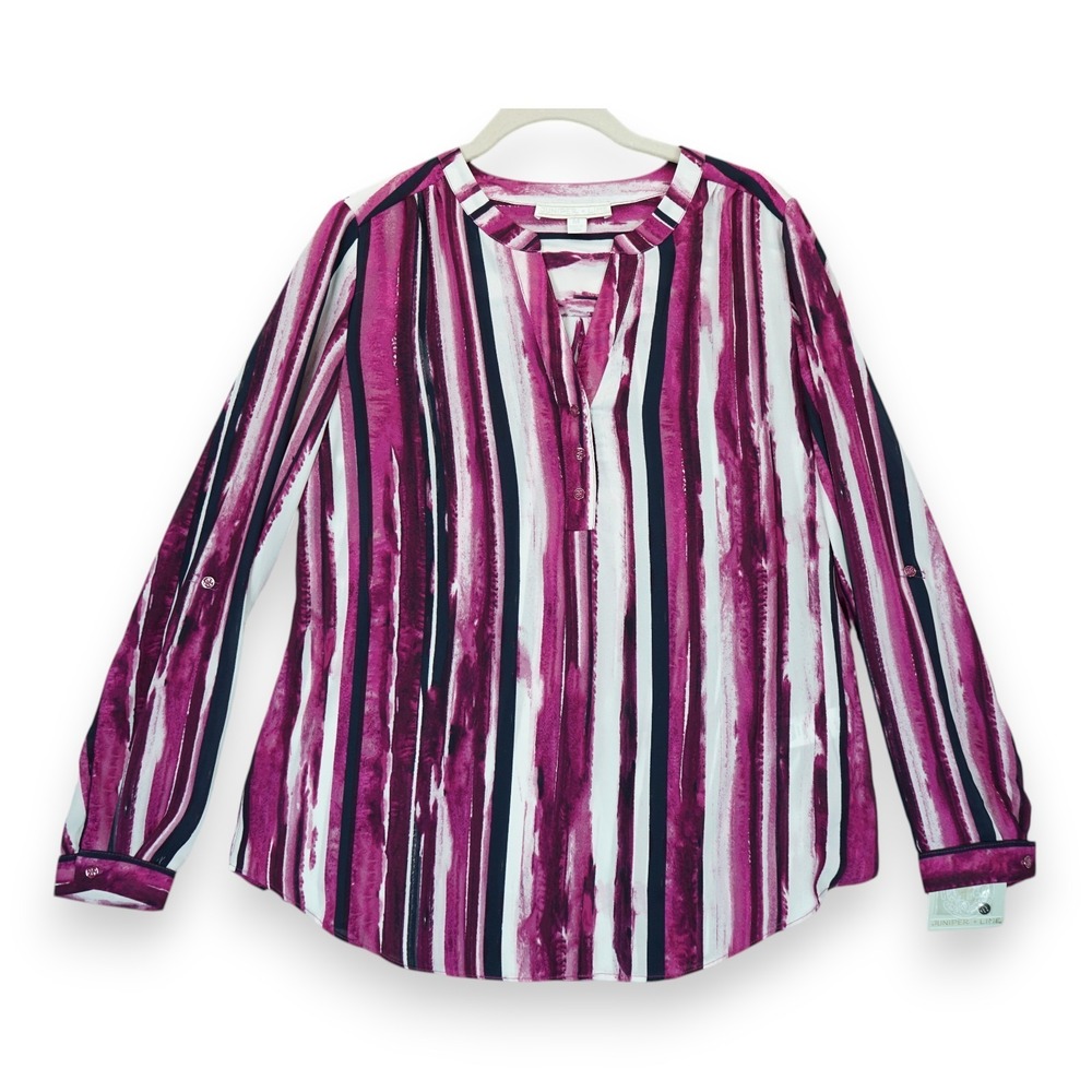 NWT Juniper + Lime Blouse Women's Striped Button Up Long‎ Sleeve Shirt Medium